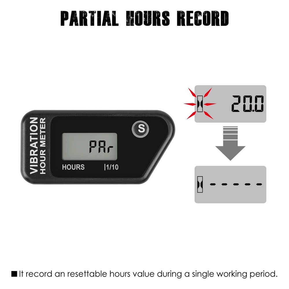 LCD Wireless Vibration Hour Meter Partial Hours Record Data Storage Waterproof