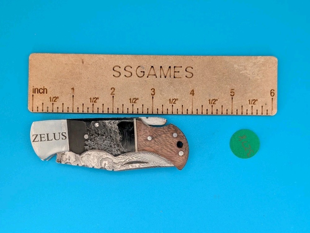 Zelus Damascus Blade Plain Edge Lockback Knife! With Leather Sheath!