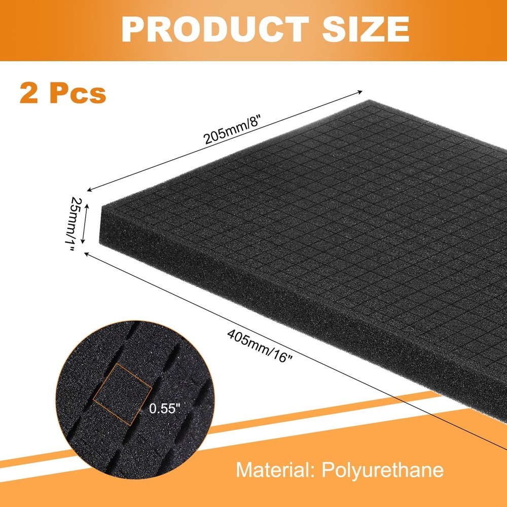 2 pcs Polyurethane Foam Inserts, 16"Lx8"Wx1"T Packing Sheets Pre Cut(Black)