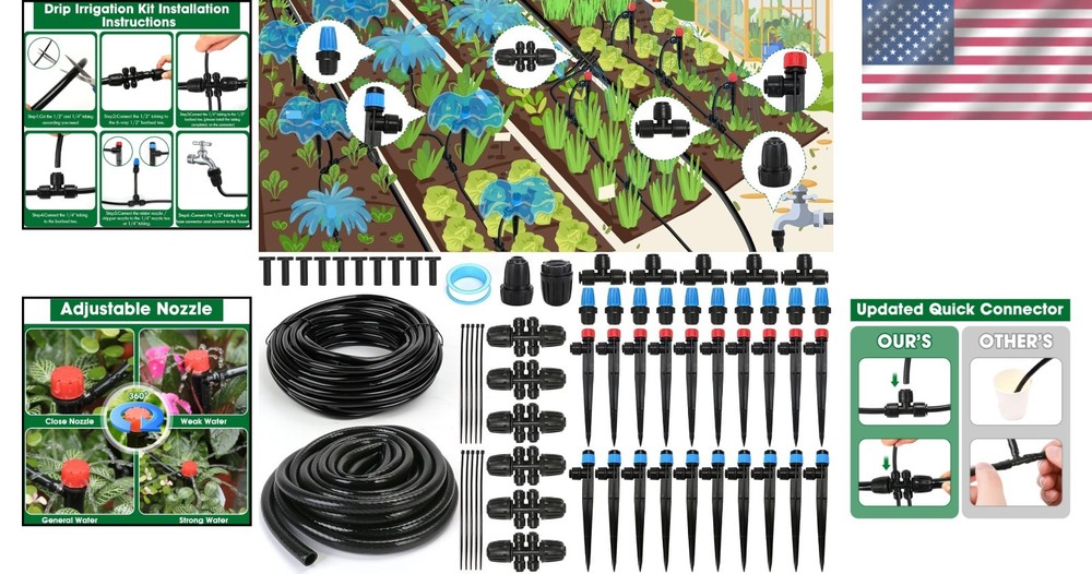 190FT Drip Irrigation Kit - Adjustable Garden Watering System & Water-Saving