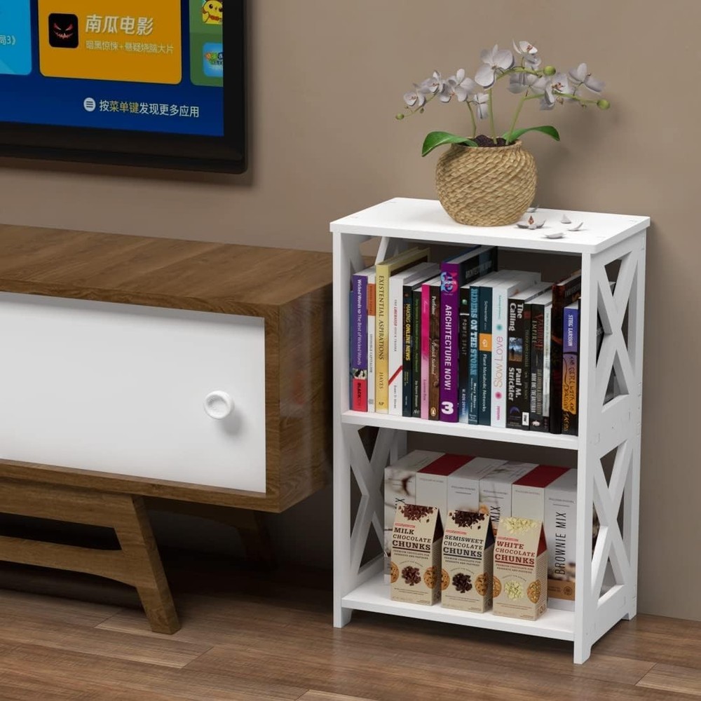End Table 3 Tier 2 Shelf Small Bookshelf Bookcase Display Rack for Home White