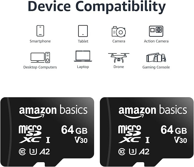 2 Amazon Basics MicroSD cards Class 10 - 64GB Memory Cards