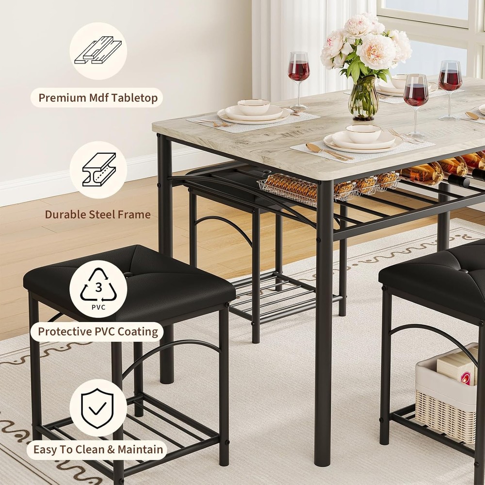 Set for 4 Dining Table Set Kitchen Table W Upholstered Bench and 2 Stools