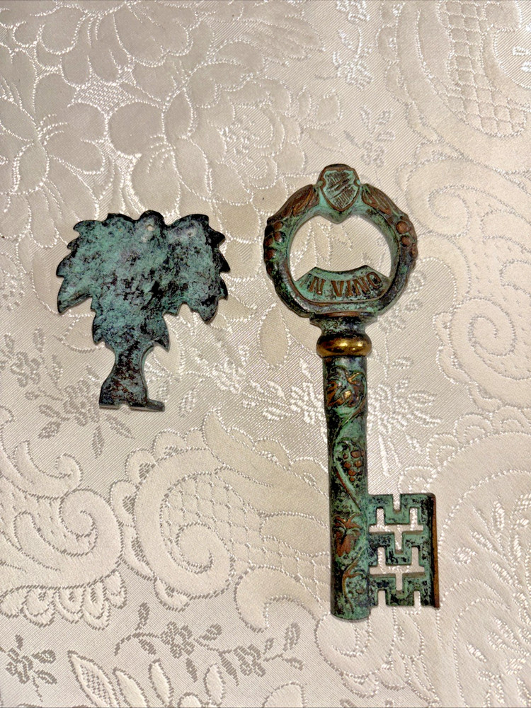 Vintage Brass Key Corkscrew with Mounting Hook " In Vino Veritas"
