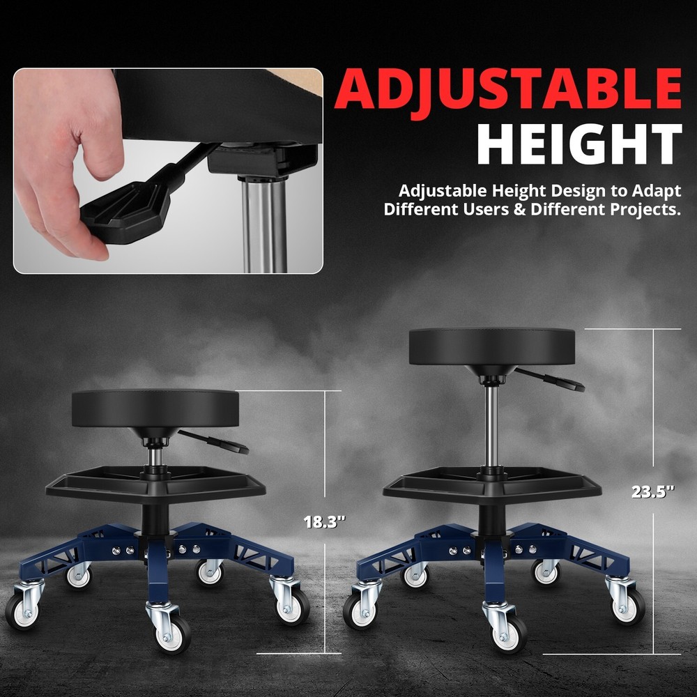 Adjustable Mechanics Rolling Seat Creeper Garage Stool Work Chair w/ Tray Blue