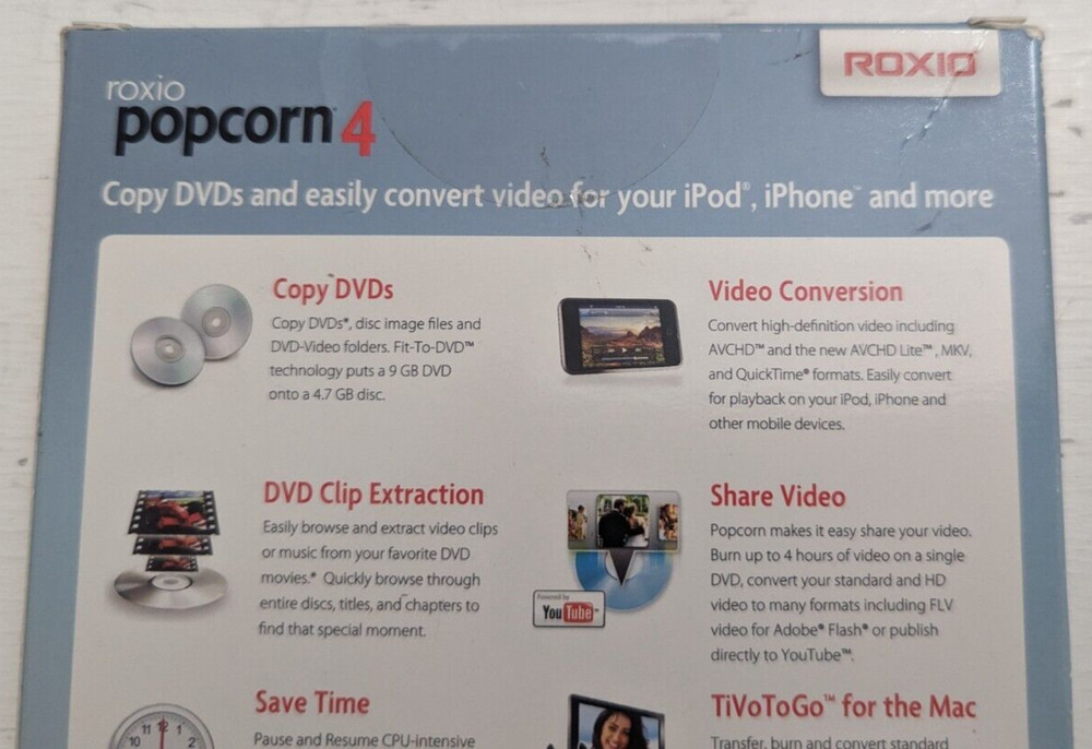 Roxio Popcorn 4 Dvd Copy / Conversion software, Mac, Sealed