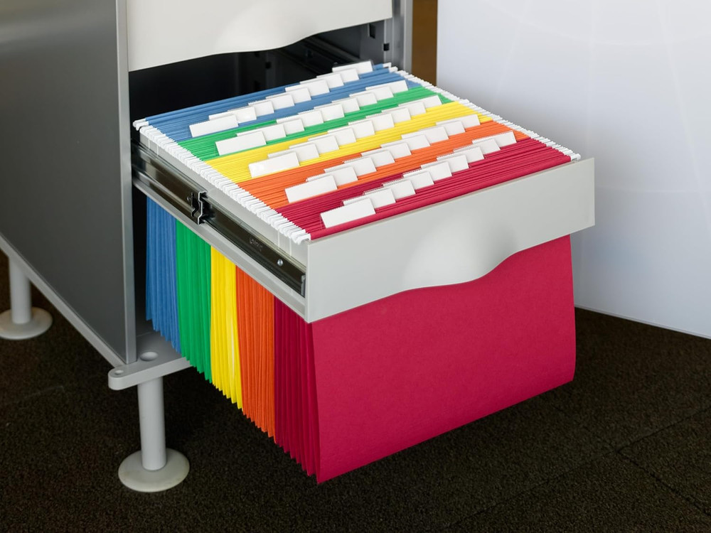 Standard Hanging File Folders, 25 Count, Assorted Primaries, 1/5-Cut Adjustable