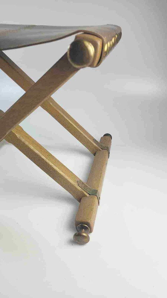 Vintage Oak Leather And Brass Camp / Campaign Folding Stool