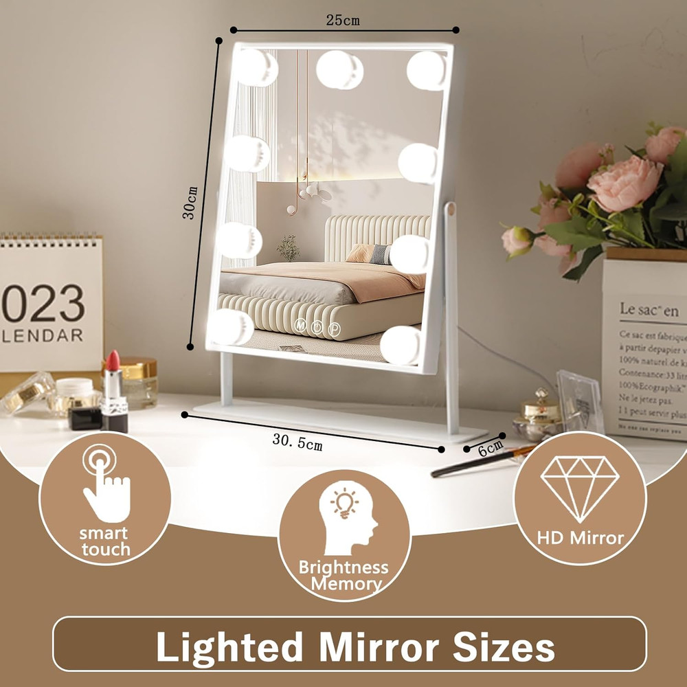 Lighted Vanity Mirror with 9 LED Bulbs & 10X Magnifying Mirror, 360° Rotation
