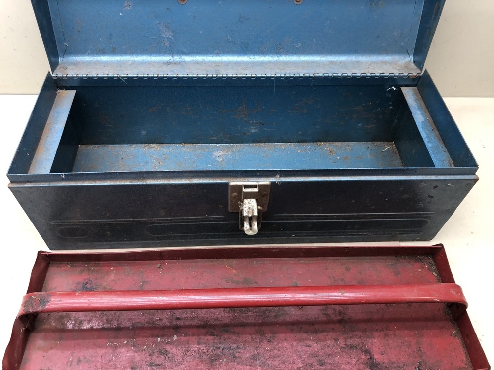 Vintage Blue Metal Toolbox With Red Tray Insert