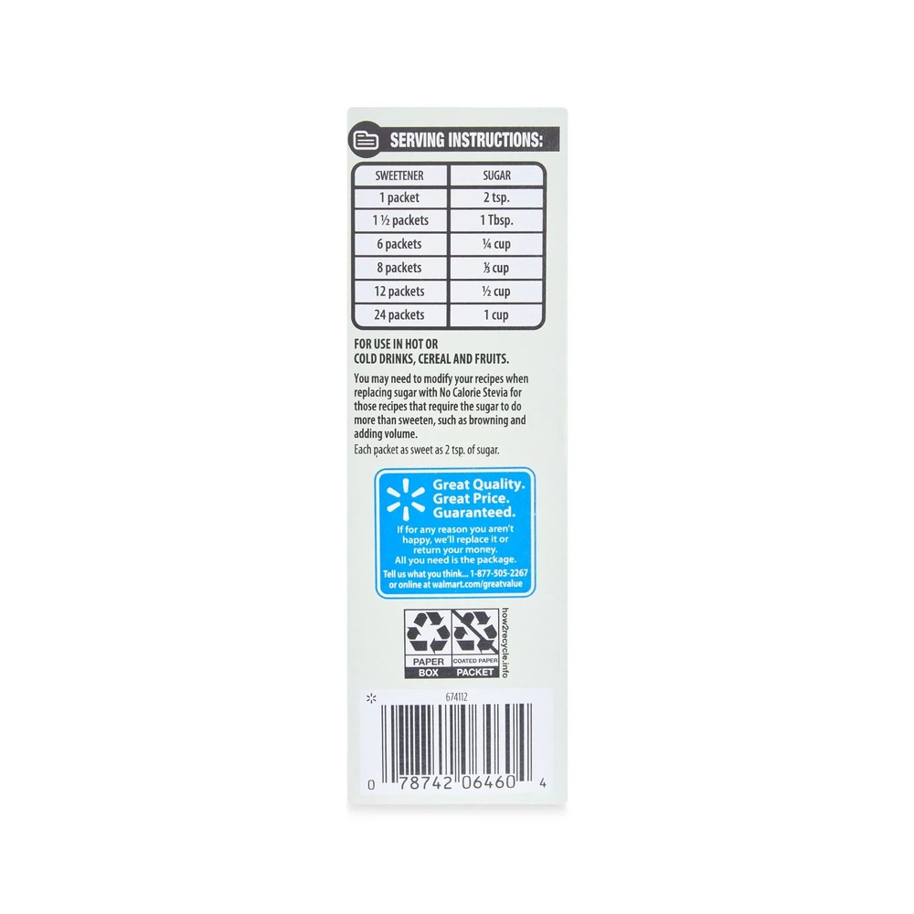 (3 pack) Great Value No Calorie Stevia Packets, 80 Count