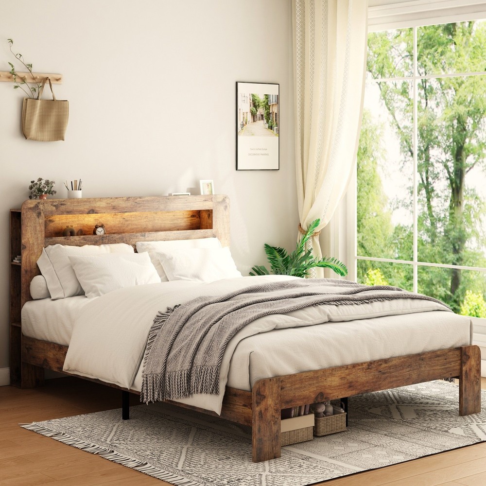 Full Size Bed Frame Wood Platform Bed w/ Storage LED Light Headboard & USB Port