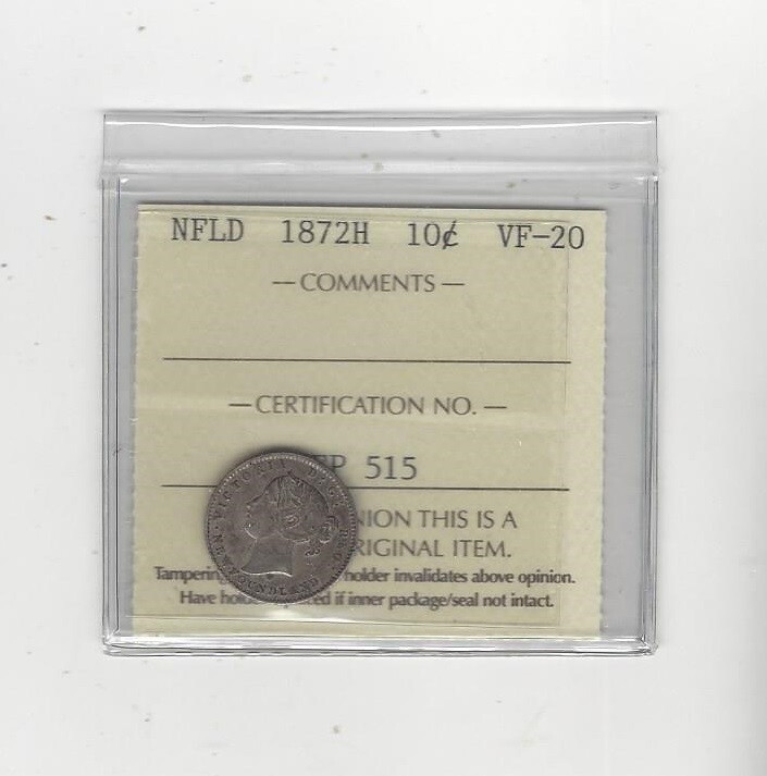 1872H  Newfoundland ¢10 Cent, ICCS Graded**VF-20**