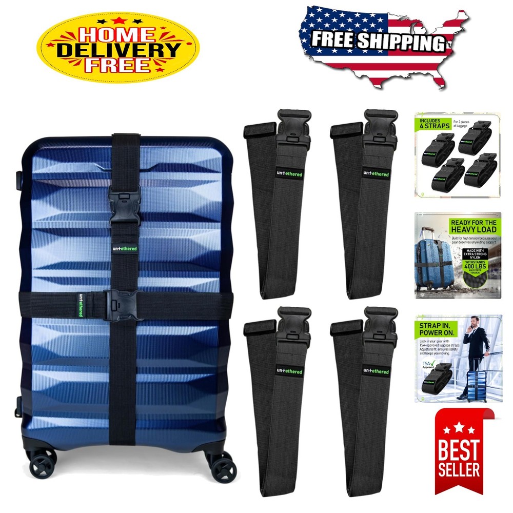 4-Pack Heavy-Duty TSA-Approved Luggage Straps – 6 ft Adjustable Security