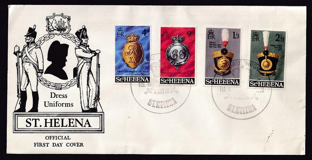 ST. HELENA #240-43 REGIMENTAL EMBLEMS 1ST DAY COVER 1970