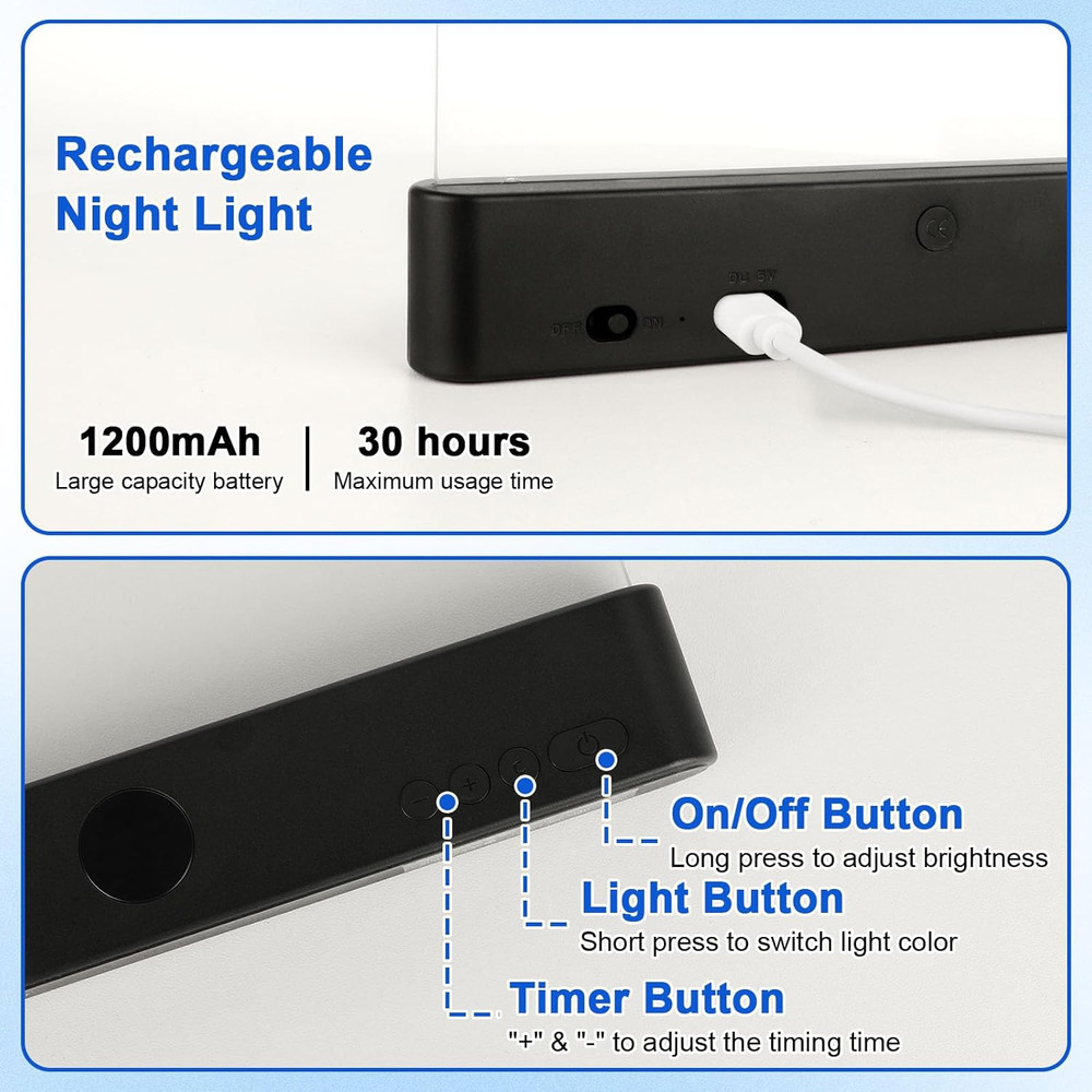 Smart Flat Book Light, Rechargeable Clear LED Reading Light with 3 Colors & Time
