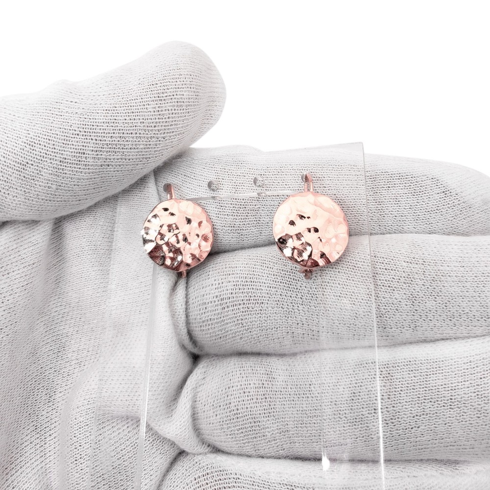 Solid 18K Rose Gold Drop Dangle Hammered Circle Disc Earrings 14mm