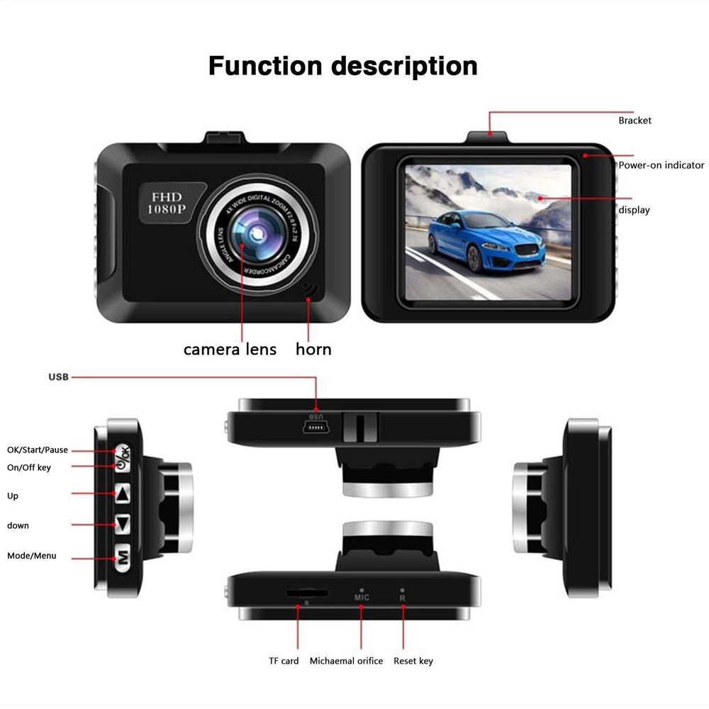 1080P Car Dash Camera Recorder G Sensor Night Vision Front And Rear Cam