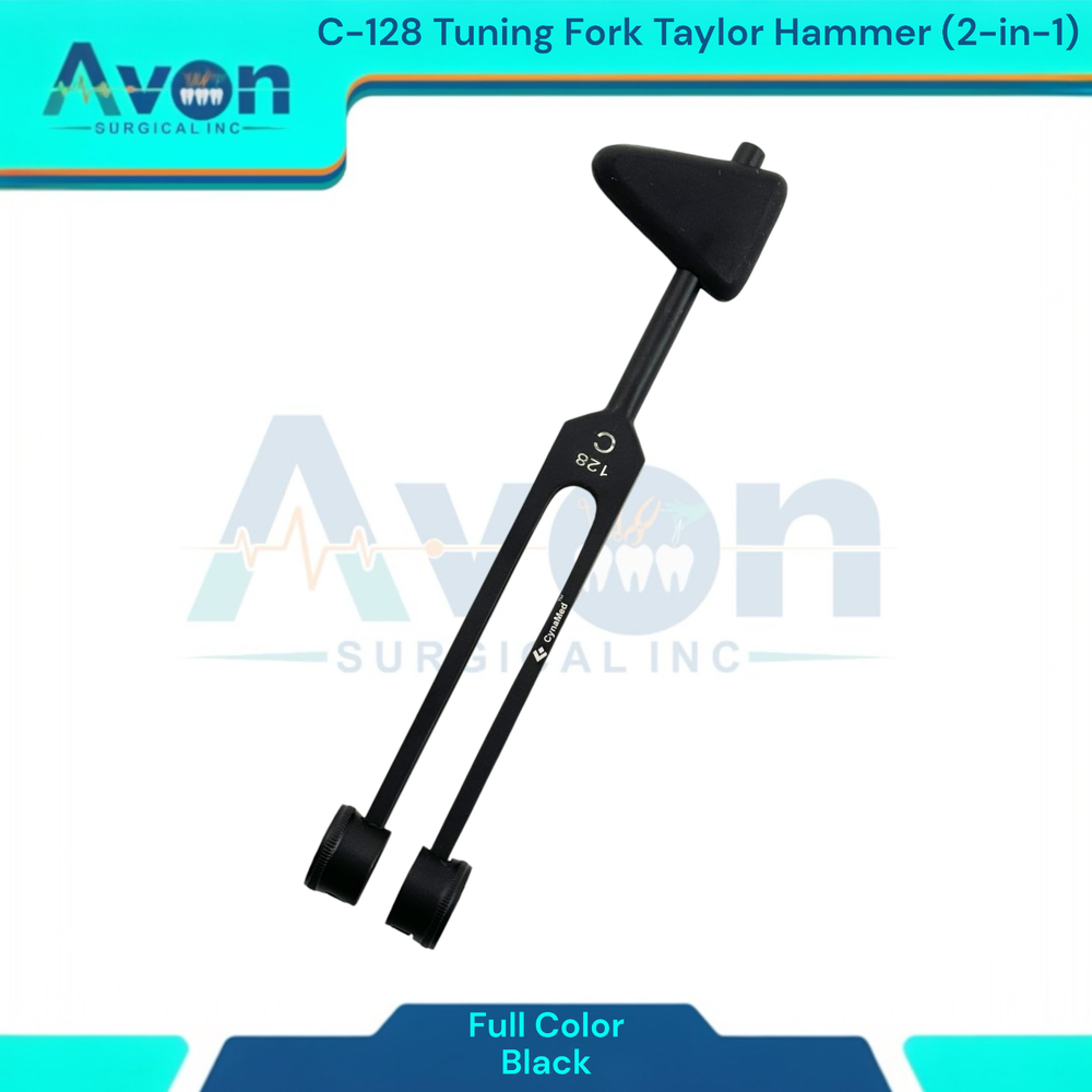 Black Colored Tuning Fork Taylor Percussion Hammer Combo 2-in-1, C-128 Frequency