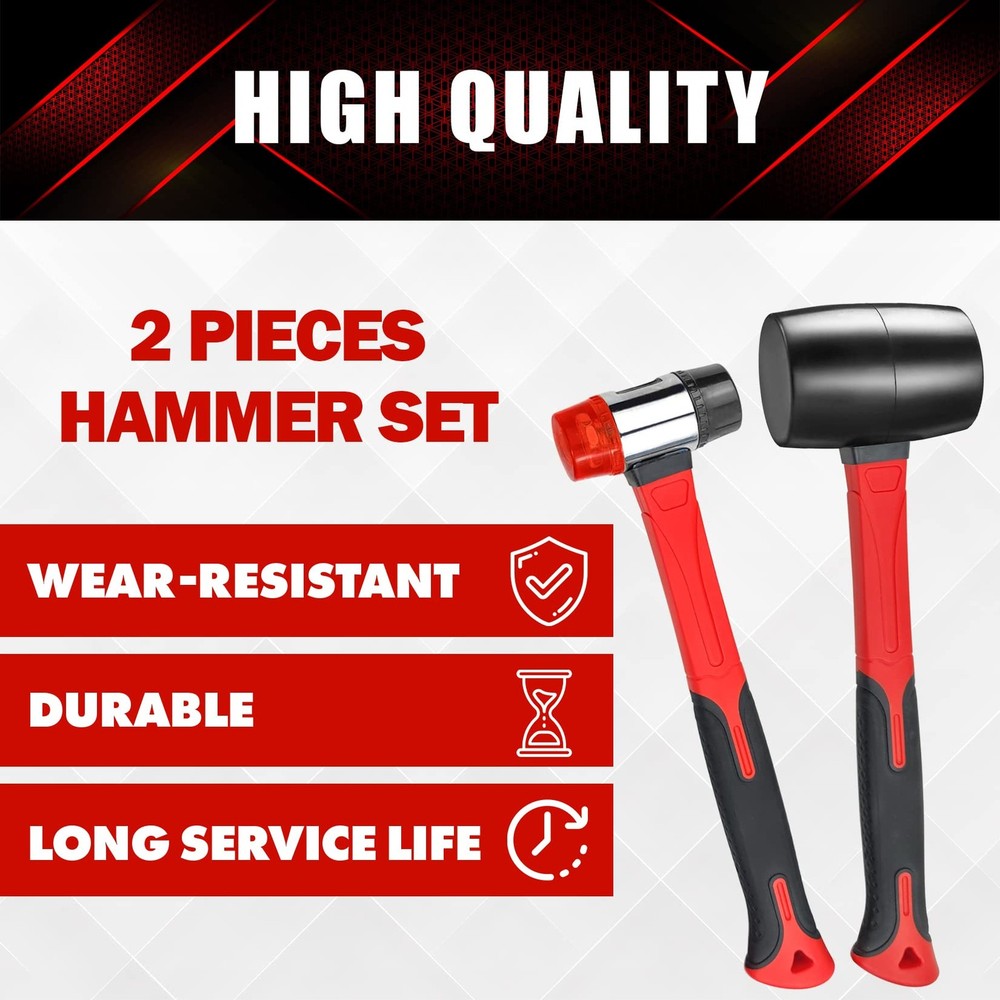 YIYITOOLS 2Pcs Hammer Set, 16oz Rubber Mallet & 40mm Double-Faced 2PCs, Black