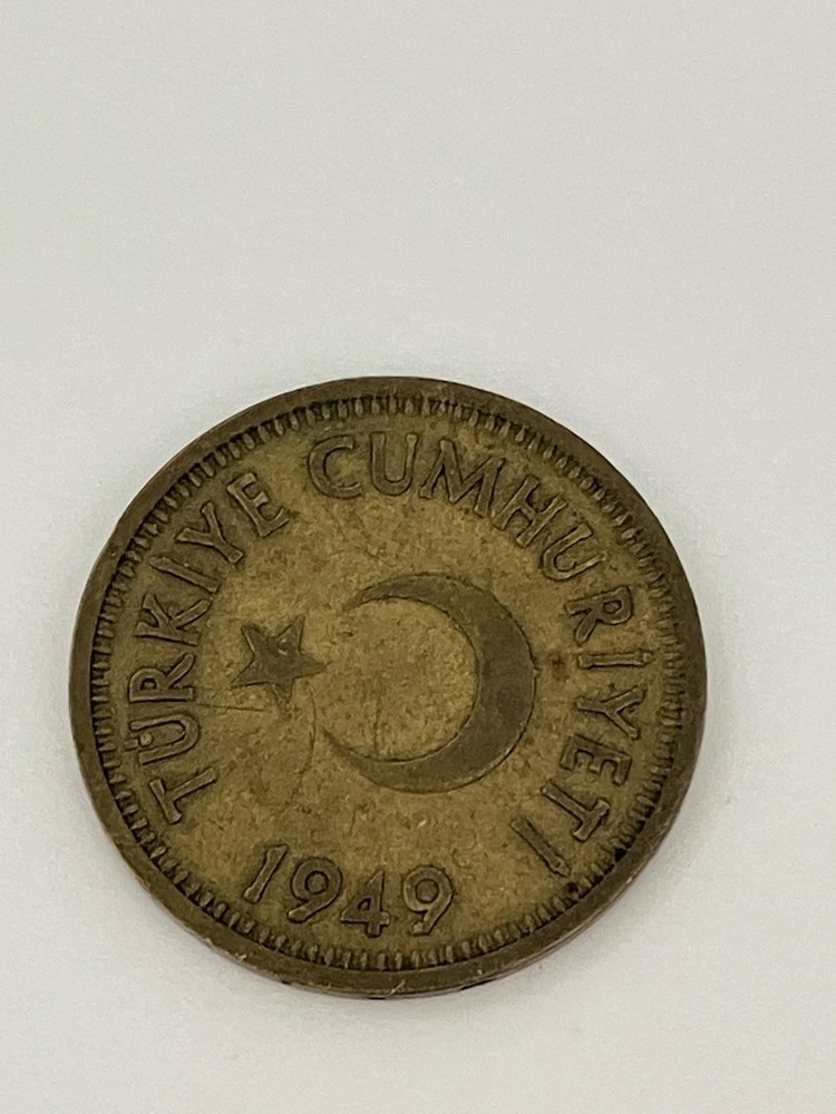 1949 25 Kurus Turkey Brass Turkish Crescent Value Wreath