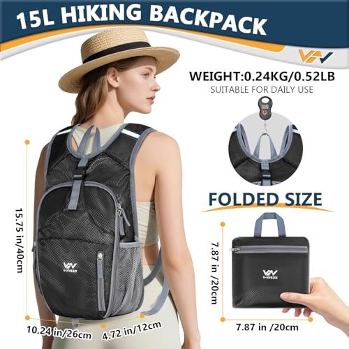 15L Foldable Hiking Backpack,Lightweight Packable Waterproof Small Black