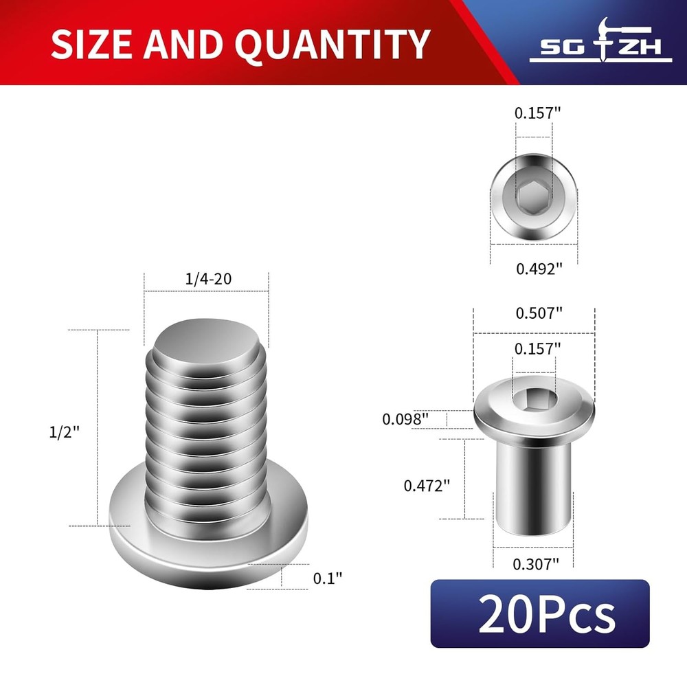 1/4-20 x 1/2" 20Pcs Flat Head Hex Socket Cap Screws x 1/2", Silver