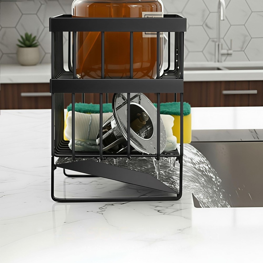 Kitchen Sink Organizer Caddy, 2 Tier Sink Caddy Organizer with High Brush Hol...