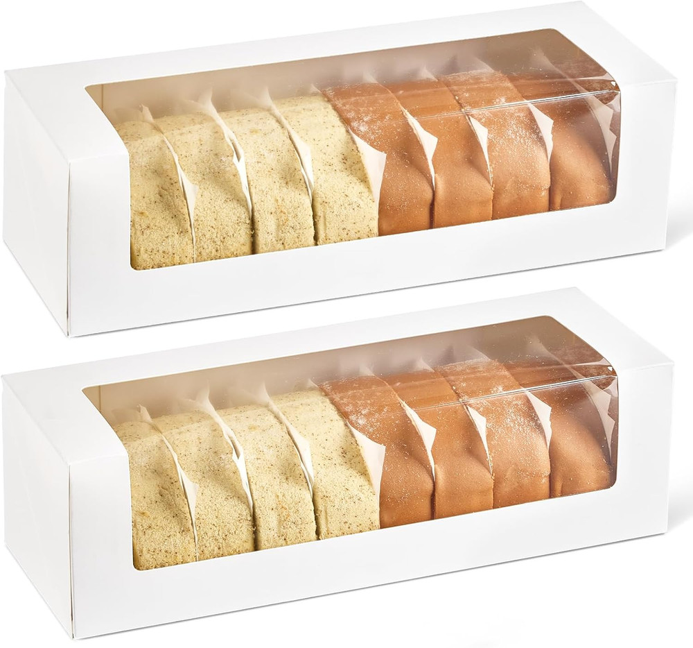 24 Pack 12"X 4" X 3.5" Roll Cake Boxes White Bakery Boxes with Windows Chocolate
