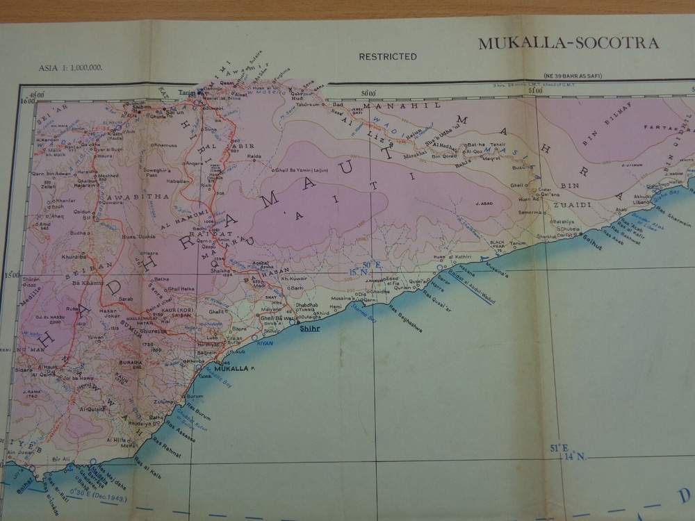 WW2 "RESTRICTED" map "MUKALLA - SOCOTRA" - FIRST PRINTING - VERY LOW PRINT RUN