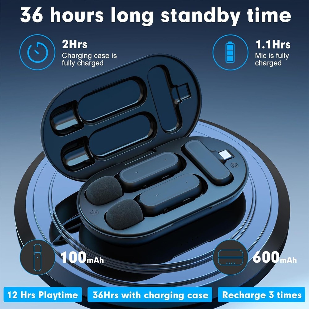 1Pack Wireless Lavalier Microphone for iPhone 15 Android 2TX+1RX & Charging Case