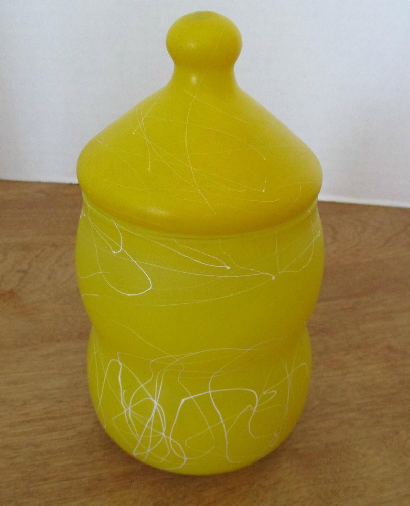 Canister Jar Bright Yellow with White String Paint Accent 7-1/4" Tall