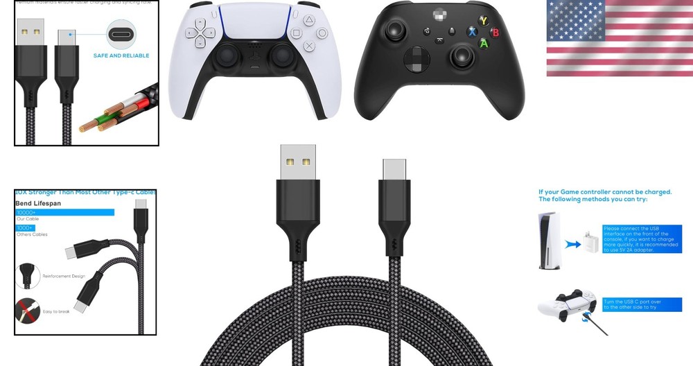 16.4FT USB Type C Charging Cable for PS5/Xbox Series Controllers - Nylon Braided