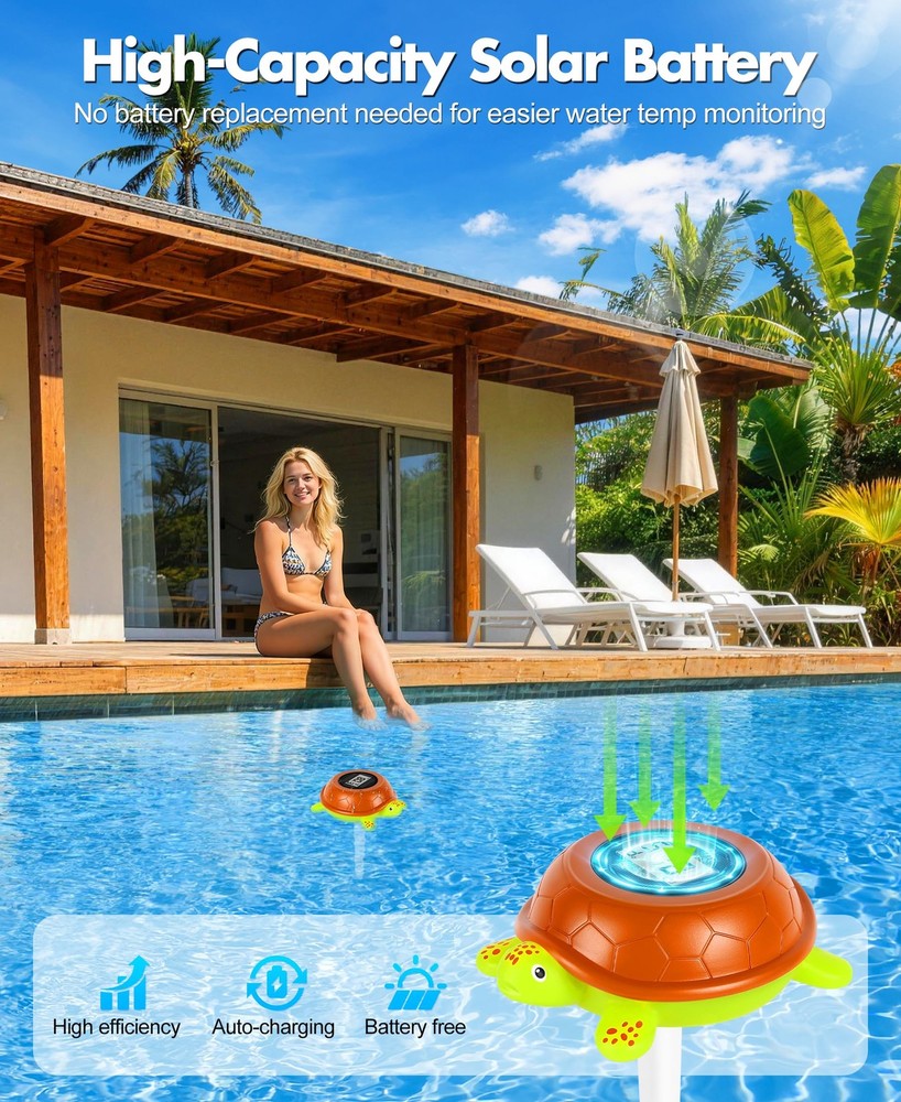 LuxBlue Turtle Floating Pool Thermometer Solar Powered | Ultra-Precise White