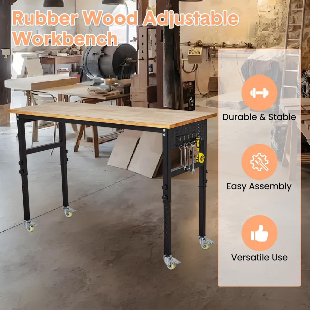 48'' Adjustable Workbench&Pegboard Power Outlets Heavy Duty Work Table,Garage