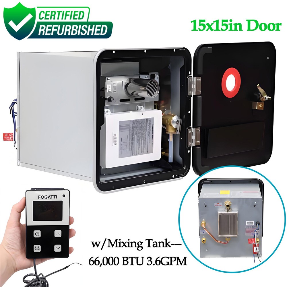 Used 66,000 BTU RV Tankless Water Heater 3.6 GPM InstaShower 9 Pro 15x15 Door