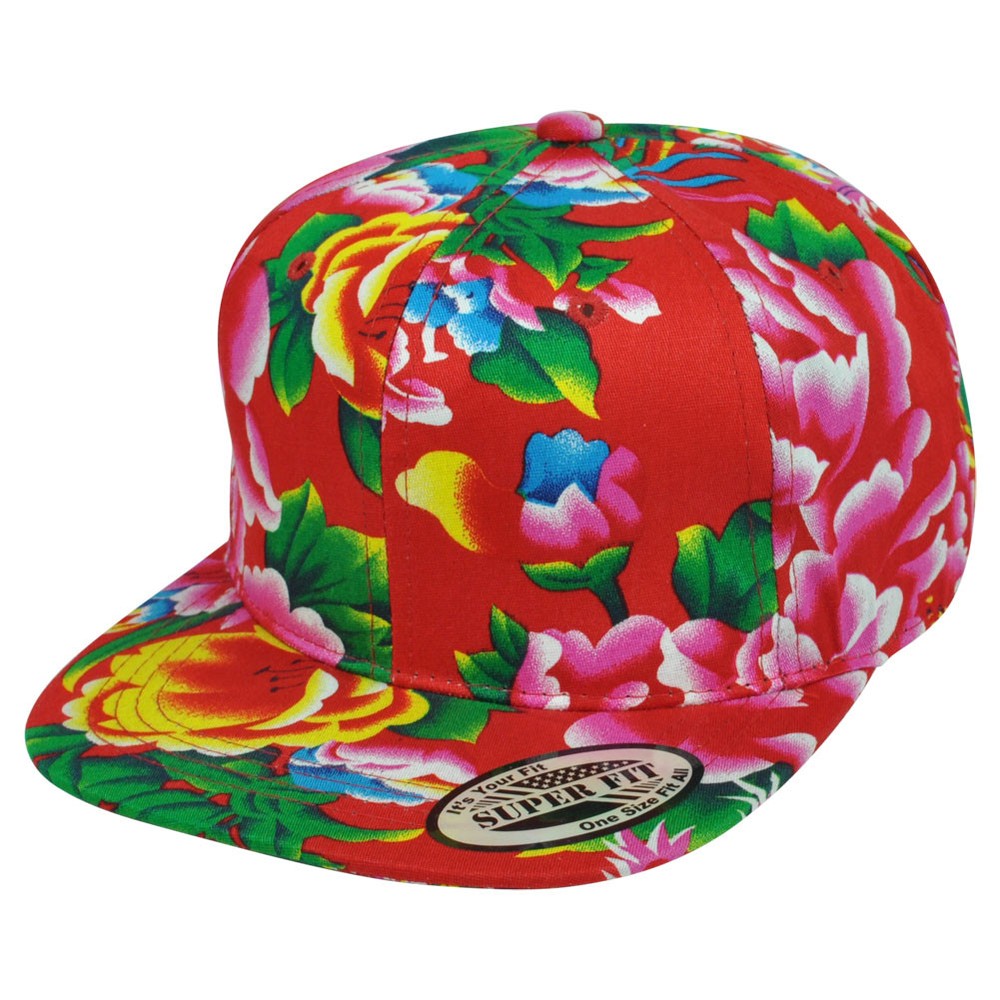 Floral Flower Design Pattern Roses Red Plain Blank Snapback Flat Bill Hat Cap