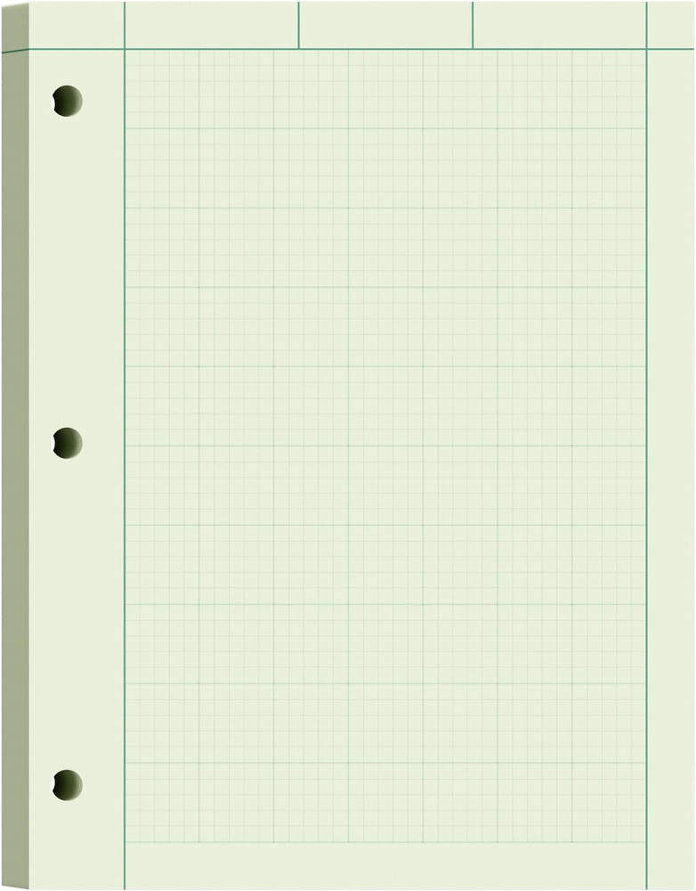 Engineering Paper Pad 8.5x11 Green 5x5 Grid 100 Sheets 3-Hole Punched