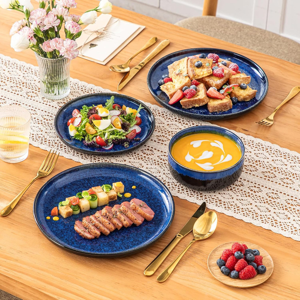 Starry 12 Pieces Dinnerware Sets for 4, Blue Reactive Glaze Dishes Sets, Ceramic