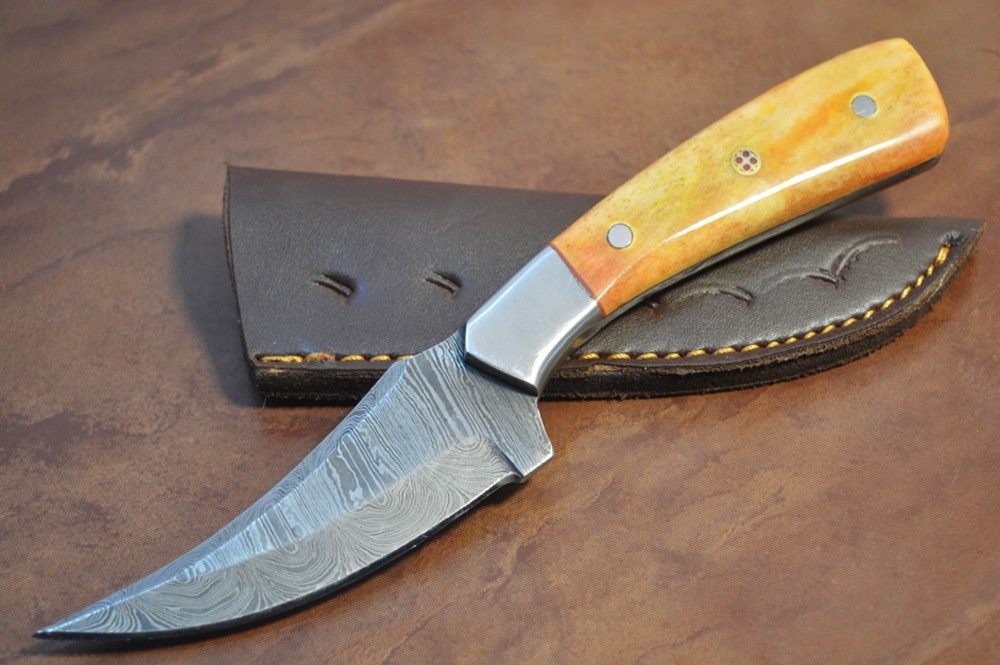 Custom Damascus Skinner Knife| Hunting & Colored Bone-Fixed Blade With Sheath