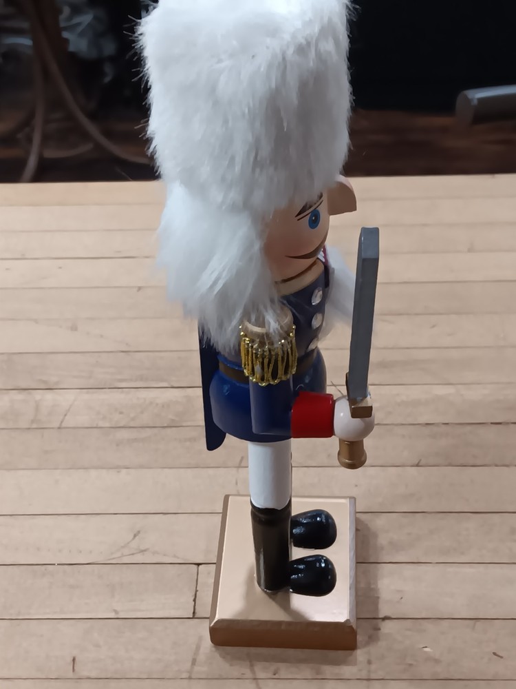 10” Wooden Nutcracker Soldier with White Fur Hat & Sword