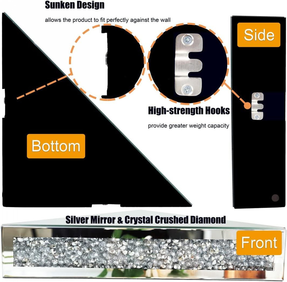 Mirrored Floating Corner Shelf, Silver Mirror Crushed Diamond Decorative Wall Sh