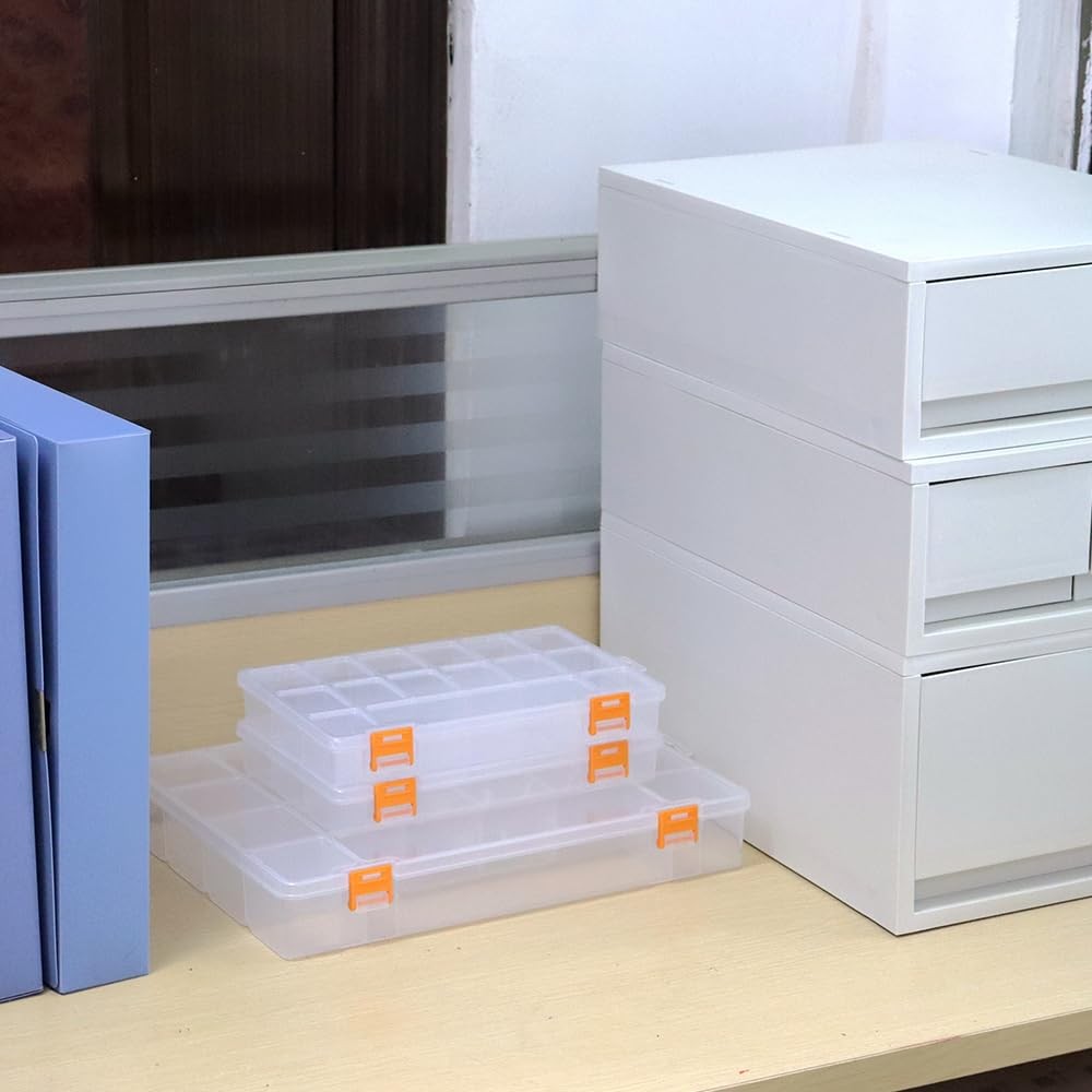 3 Pack Mixed Size Clear Plastic Storage Box Organizer Case with Fixed Compart...
