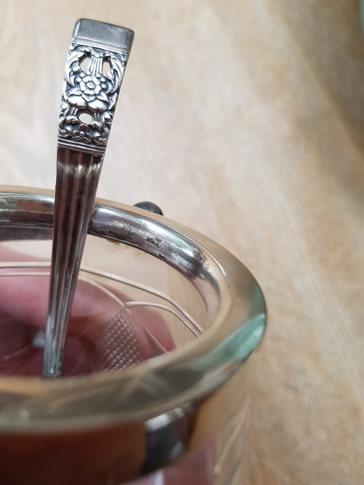 Small jam jar with silver plate hinged handle Community marked Spoon 9.5cm