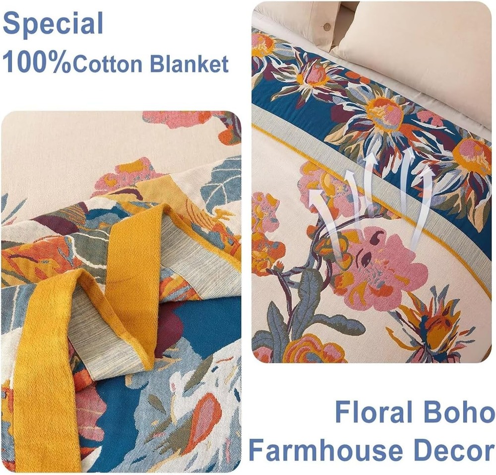 Boho Throw Blanket 100% Cotton Soft Throw Blanket Bed 90"x90" Reversible