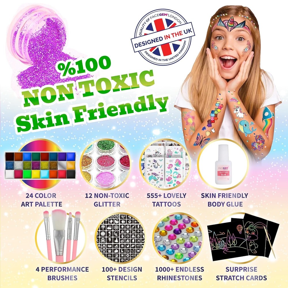 Face Paint Kit - Glitter Tattoos, Gems, Temporary Multicolor