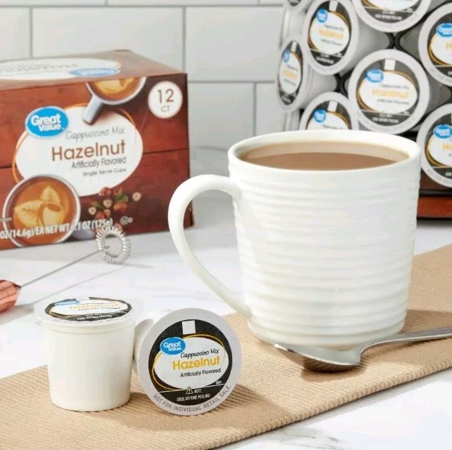 2 Pack Great Value Hazelnut Cappuccino Mix Single Medium Roast Coffee Pods 24 ct