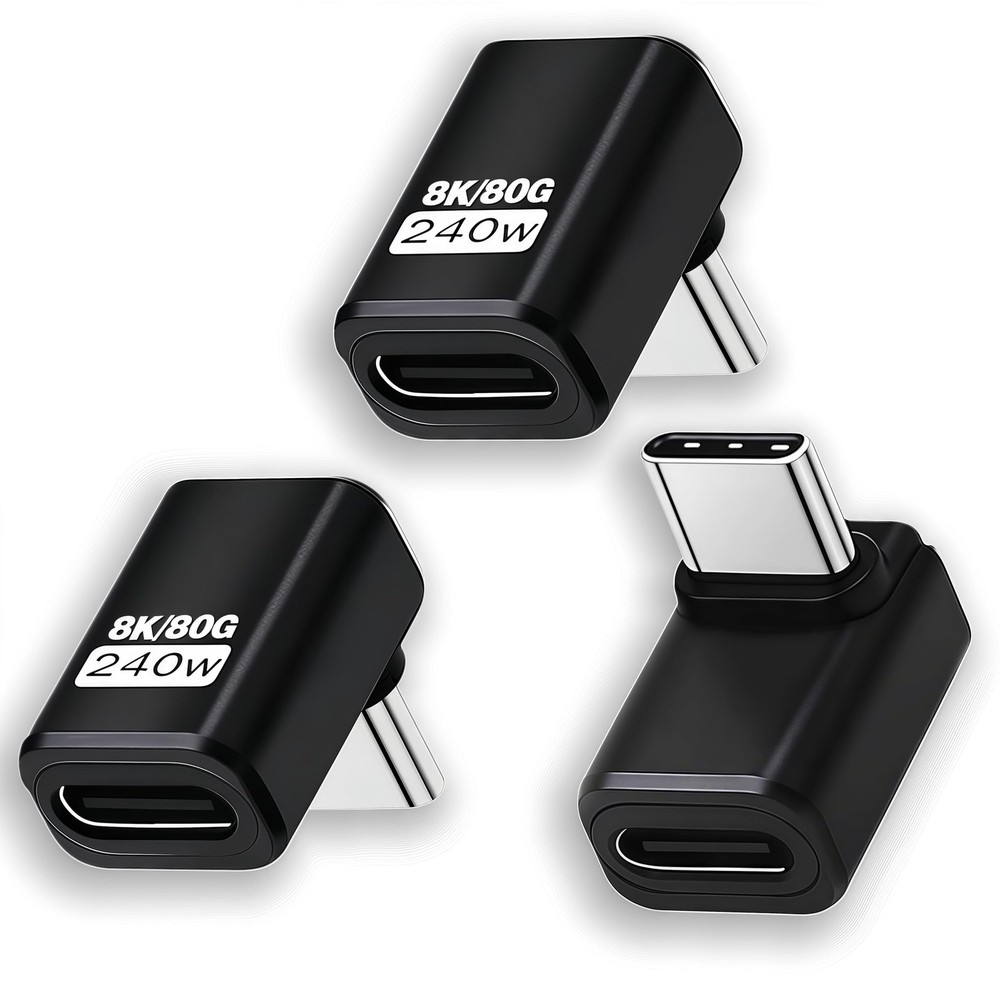 3 Pack USB C 90 Degree Adapter 80Gbps 8K 240W Right Angle Thunderbolt Black