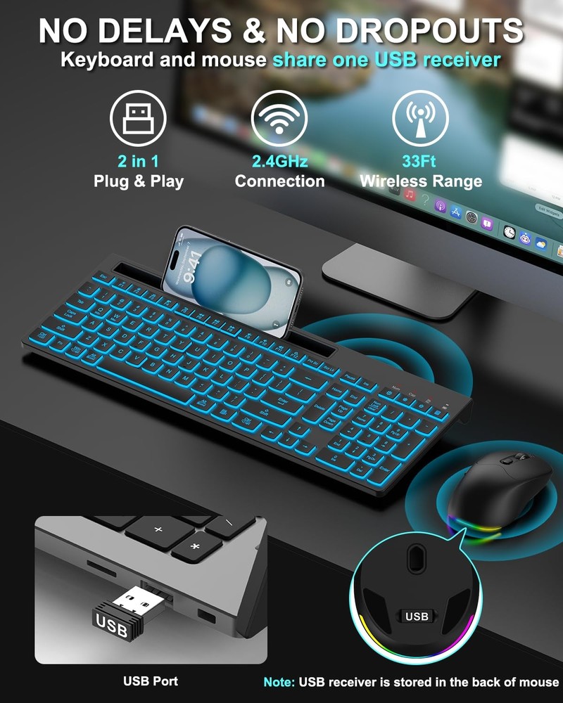 Wireless Keyboard and Mouse Combo, 7 Backlit Effects, Light Up Letters, Recha...