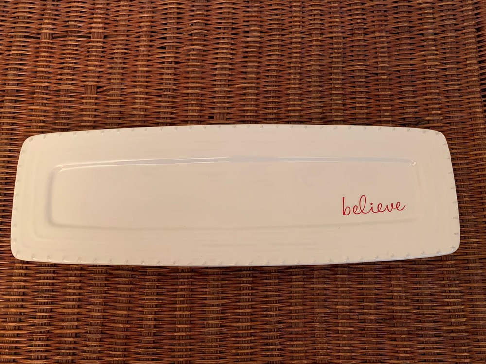 Mudpie “BELIEVE” White Ceramic 17” x 6” Platter/Tray Original Packaging
